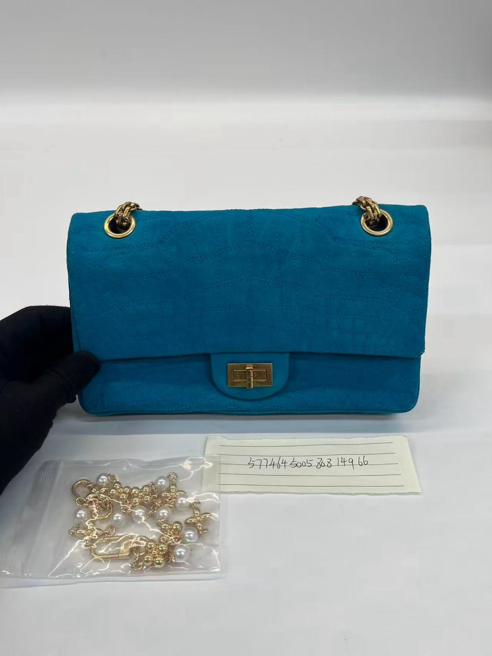 Teal Suede Chain-Handle Shoulder Bag